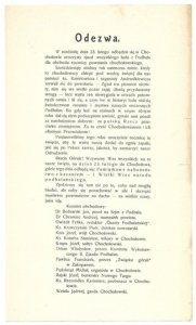 ODEZWA. W niedzielę dnia 23. lutego odbędzie się w Chochołowie uroczysty zjazd wszystkiego ludu z Podhala dla obchodu rocznicy powstania chochołowskiego [...], gdzie tego dnia odbędą się: Pamiątkowe nabożeństwo z kazaniem - i Wielki Wiec narodu podhalańsk