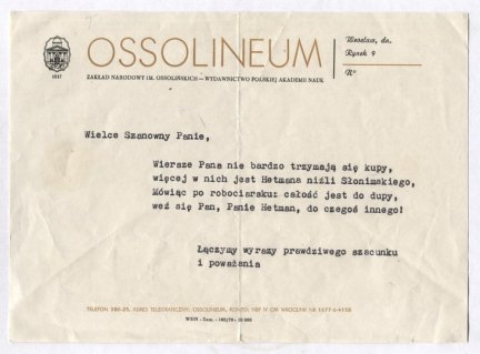 [RECENZJA]. Anonimowa wierszowana recenzja twórczości poetyckiej niewymienionego z imienia Hetmana. Maszynopis na papierze firmowym Ossolineum, zapewne lata 70. XX w.