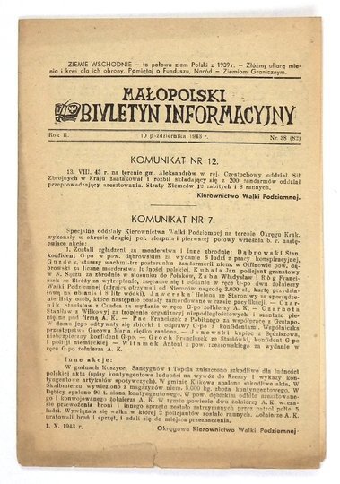 MAŁOPOLSKI Biuletyn Informacyjny. [Kraków. AK]. Czasopismo konspiracyjne. R. 2, nr 38 (82): 10 X 1943. 