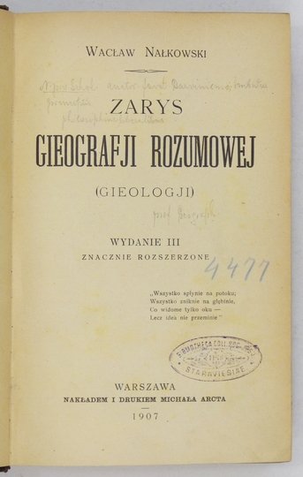 NAŁKOWSKI Wacław - Zarys gieografji rozumowej (gieologji). Wyd. III znacznie rozszerzone.