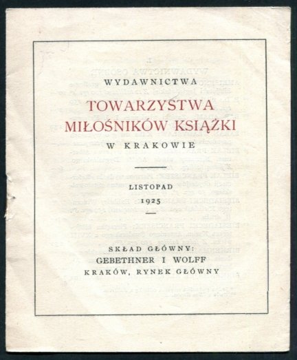 Wydawnictwa Towarzystwa Miłośników Książki w Krakowie. Listopad 1925