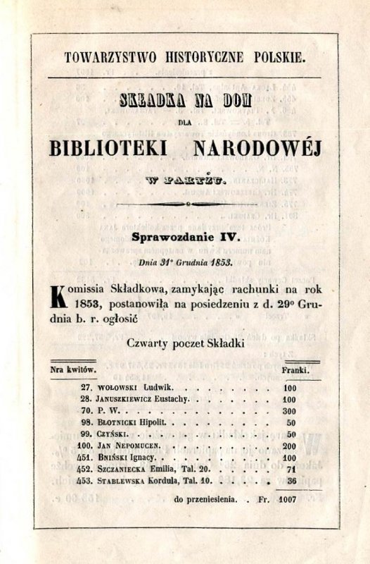 Składka na dom dla Biblioteki Narodowej w Paryżu. Sprawozdanie IV: 31 XII 1853.