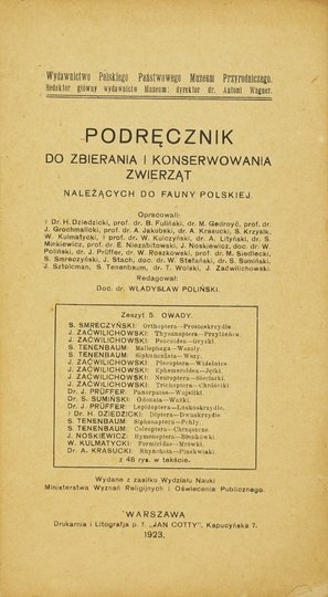 POLIŃSKI Władysław - Podręcznik do zbierania i konserwowania zwierząt należących do fauny polskiej. Zesz. 5: Owady.