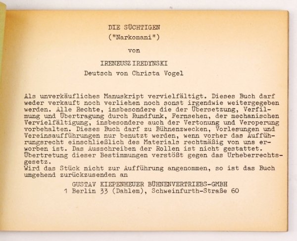 IREDYŃSKI Ireneusz - Die Süchtigen. (Narkomani). Deutsch von Christa Vogel.