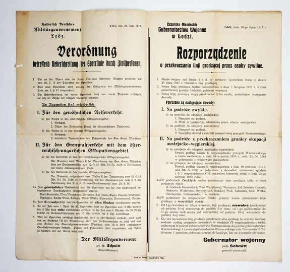ROZPORZĄDZENIE o przekraczaniu linji grodzącej przez osoby cywilne. 1. Straże stojące nad Bzurą i t. d. w powiecie Łęczyckim tracą z dniem 25 lipca 1917 r. charakter linii grodzącej [...]. 3. Nową linję grodzącą mogą przekraczać tylko osoby, posiadające w