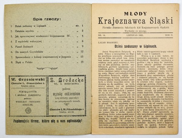 Młody Krajoznawca Śląski. Pisemko Zrzeszenia Szkolnych Kół Krajoznawczych Śląskich. Red. dr Józef Jakubowski. R. II, nr 14: XI 1935