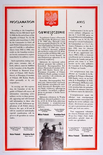OBWIESZCZENIE. Na podstawie Ustawy o Powszechnym Obowiązku Wojskowym [...] wzywa się wszystkich obywateli polskich płci męskiej w wieku od 17 do 40 lat [...] przebywających na terenie Kanady, do natychmiastowego zgłoszenia się do rejestracji wojskowej [..