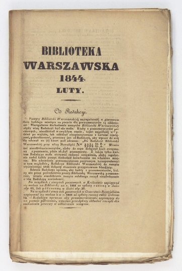 BIBLIOTEKA Warszawska. Pismo poświęcone naukom, sztukom i przemysłowi. Warszawa. Druk. Gazety Pol. 8. brosz. Czas. BJ 1, 79. Stan dobry, o ile nie zaznaczono inaczej. Egz. nieobcięte. Pismo ukazywało się w l. 1841-1914, co roku w czterech kwartalnych toma