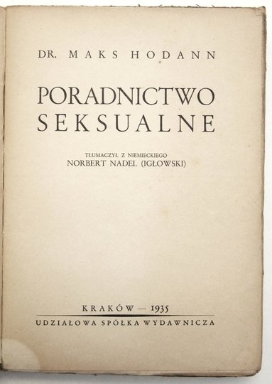 HODANN Maks - Poradnictwo seksualne.  [1934]