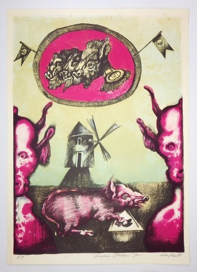 LEBENSTEIN Jan* (1930-1999) - Konstrukcja pierwszego wiatraka: świnie się nie przejmują - ilustracja do &quot;Folwarku zwierzęcego&quot; G. Orwella.