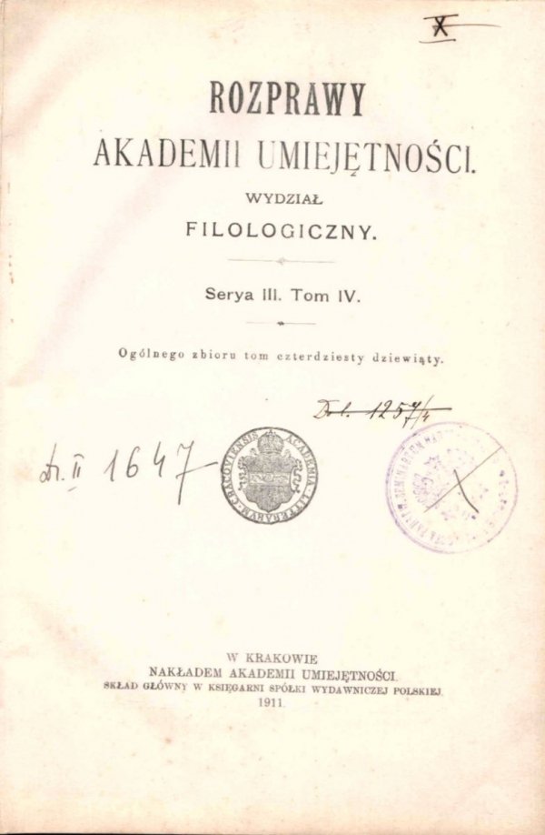 Rozprawy Akademii Umiejętności, Wydział Filologiczny, S.III, t.4