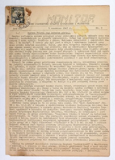 MONITOR. Pismo poświęcone sprawom społecznym i wojskowym. R. 3, nr 8: 5 VI 1943. 