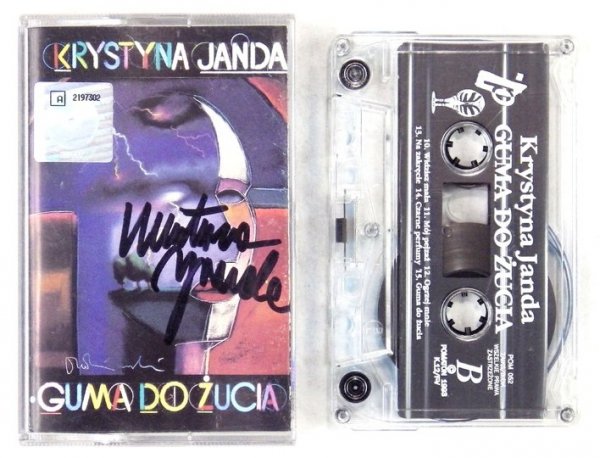 [JANDA Krystyna]. Odręczna dedykacja aktorki na okładce kasety magetofonowej &quot;Guma do żucia&quot; wydanej w Warszawie przez Pomaton Kompanię Muzyczną w 1993 r.