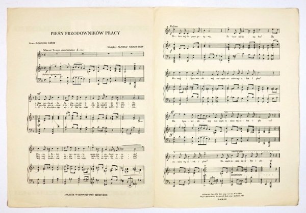 PIEŚŃ przodowników pracy. Na głos z fortepianem. Słowa: Leopold Lewin. Muzyka: Alfred Gradstein.
