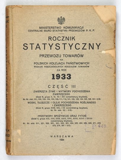 ROCZNIK statystyczny przewozu towarów na Polskich Kolejach Państwowych za rok 1933. Cz. 3: Zwierzęta żywe i wytwory pochodzenia zwierzęcego [...] Woski, tłuszcze i oleje pochodzenia roślinnego i zwierzęcego [...] Przetwory spożywcze oraz tytoń [...]