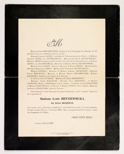 [MICKIEWICZOWIE]. Nekrolog córki wieszcza Heleny Hryniewickiej, Cesne 22 VIII 1897.