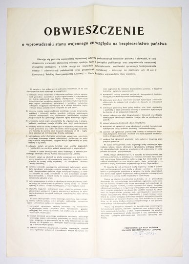 OBWIESZCZENIE o wprowadzeniu stanu wojennego ze względu na bezpieczeństwo państwa [...]. [Warszawa, 13 XII 1981]. [Podp.] Przewodniczący Rady Państwa Polskiej Rzeczypospolitej Ludowej