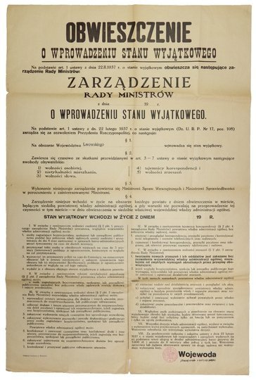 OBWIESZCZENIE o wprowadzeniu stanu wyjątkowego. Na podstawie art. 1 ustawy z dnia 22.II.1937 r. o stanie wyjątkowym obwieszcza się następujące zarządzenie Rady Ministrów: Zarządzenie Rady Ministrów z dnia ..... 19.... r. o wprowadzeniu stanu wyjątkowego [