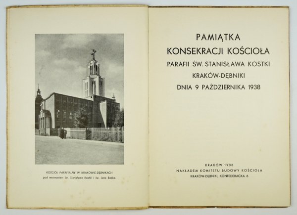PAMIĄTKA konsekracji kościoła parafii św. Stanisława Kostki, Kraków-Dębniki dnia 9 października 1938.