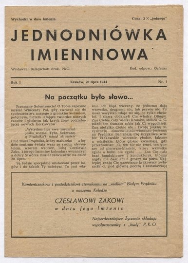 JEDNODNIÓWKA Imieninowa. R. 1, nr 1.
