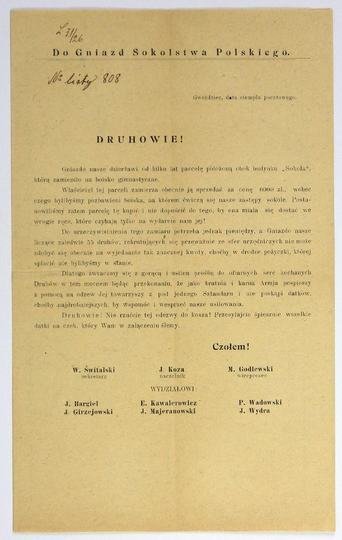 Do Gniazd Sokolstwa Polskiego. Druhowie! Gniazdo nasze dzierżawi od kilku lat parcelę położoną obok budynku &quot;Sokoła&quot;, którą zamieniło na boisko gimnastyczne. Właściciel tej parceli zamierza obecnie ją sprzedać [...].