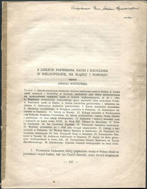 Wojtkowski Andrzej - Z dziejów popierania nauki i nauczania w Wielkopolsce, na Śląsku i Pomorzu. Napisał... [Nauka Polska, t.6]
