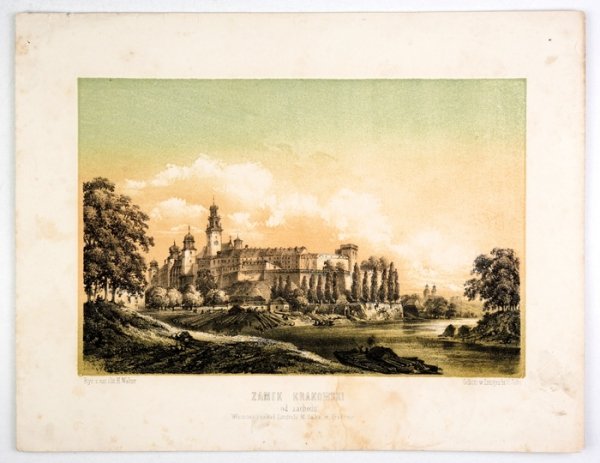 [KRAKÓW]. Zamek krakowski od zachodu. Litografia na barwnej tincie form. 17,8x26,9 na ark 26,4x34,1 cm