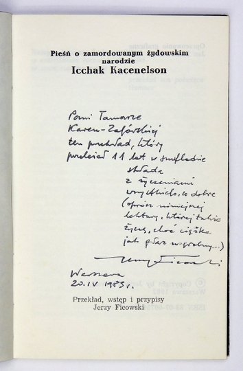 KACENELSON Ischak - Pieśń o zamordowanym żydowskim narodzie. Przekład, wstęp i przypisy Jerzy Ficowski