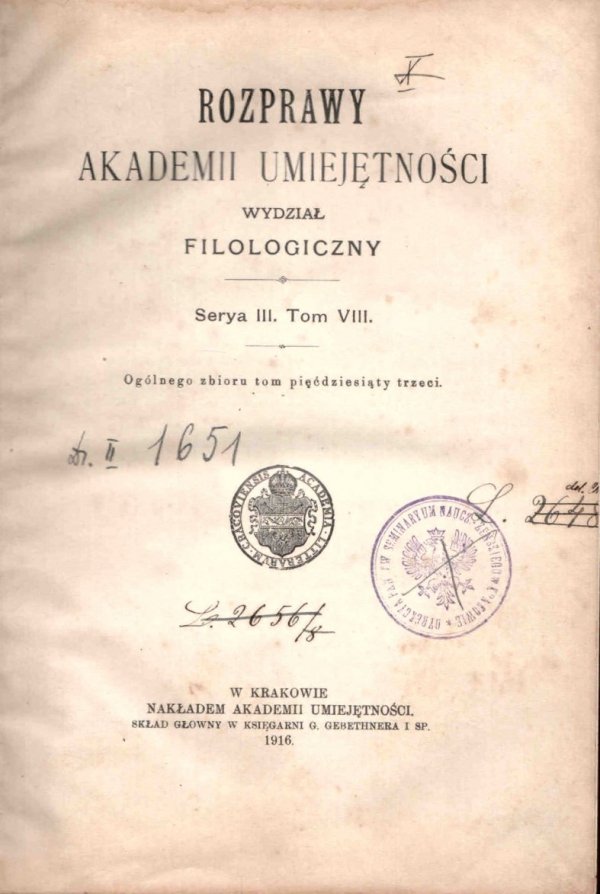 Rozprawy Akademii Umiejętności, Wydział Filologiczny, S.III, t.8
