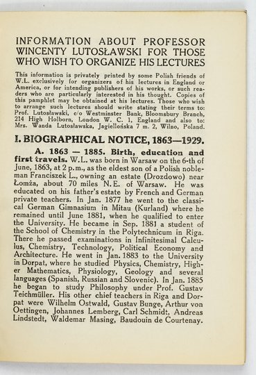 INFORMATION about Professor Wincenty Lutosławski for Those Who Wish to Organice His Lectures
