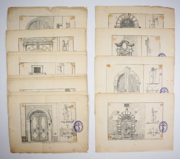 [KRAKÓW, portale zabytkowych kamienic]. Zestaw 24 litografowanych tablic ukazujących portale i drzwi krakowskich kamienic; lata 1904-1907.