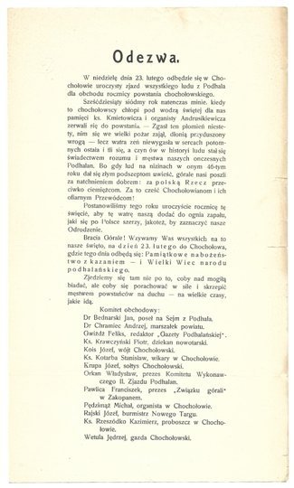 ODEZWA. W niedzielę dnia 23. lutego odbędzie się w Chochołowie uroczysty zjazd wszystkiego ludu z Podhala dla obchodu rocznicy powstania chochołowskiego [...], gdzie tego dnia odbędą się: Pamiątkowe nabożeństwo z kazaniem - i Wielki Wiec narodu podhalańsk