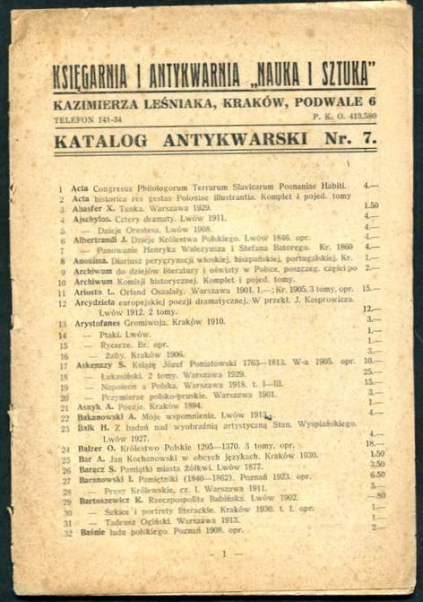 Księgarnia i Antykwarnia &quot;Nauka i Sztuka&quot; Kazimierza Leśniaka - katalog antykwarski nr 7