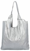 Torebka Skórzana Shopper Bag z Kosmetyczką Srebrna