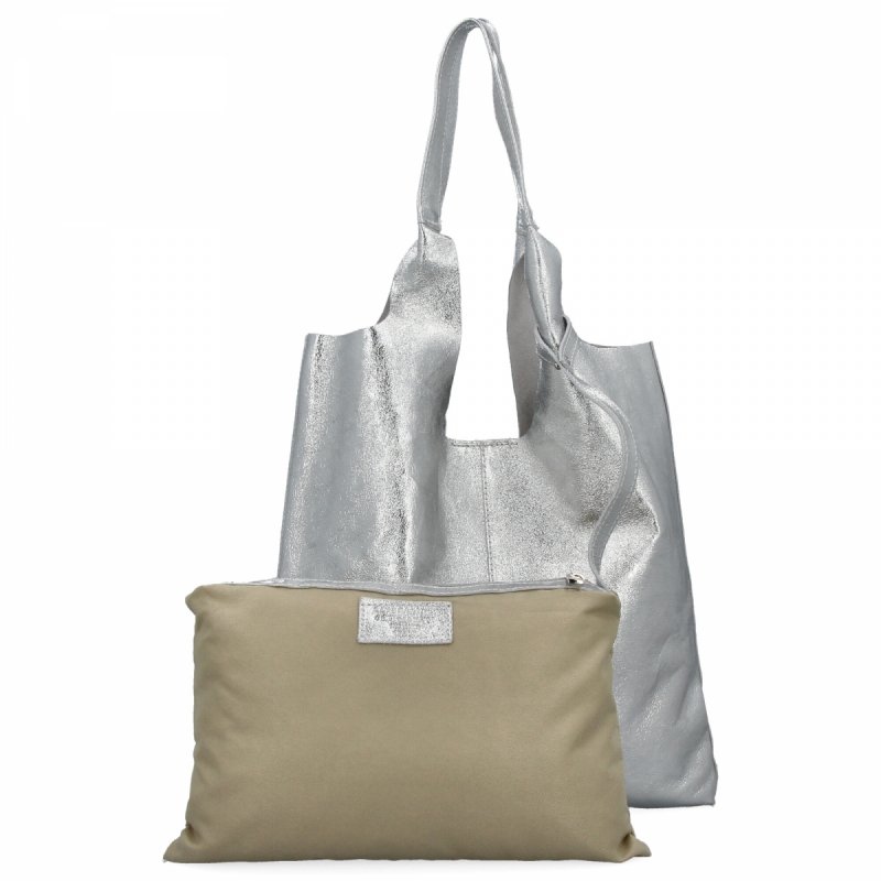 Torebka Skórzana Shopper Bag z Kosmetyczką Srebrna