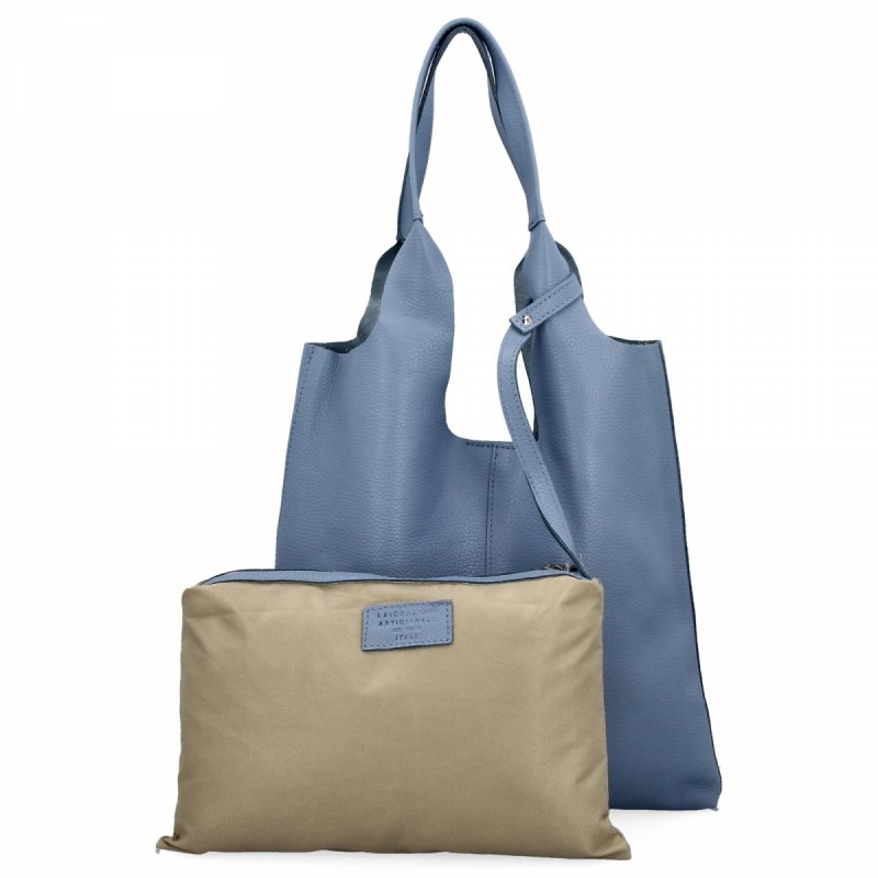 Torebka Skórzana Shopper Bag z Kosmetyczką Jasno Niebieska