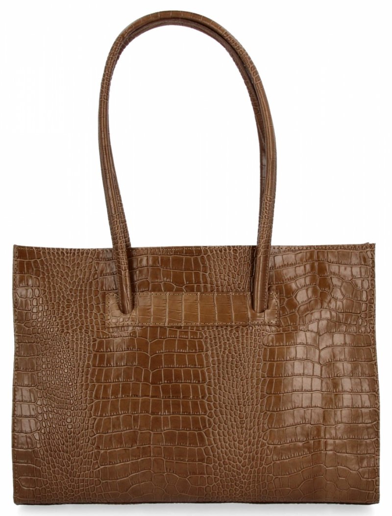 Elegancka Torebka Skórzana Aktówka w Motyw Zwierzęcy Ciemno Beżowa