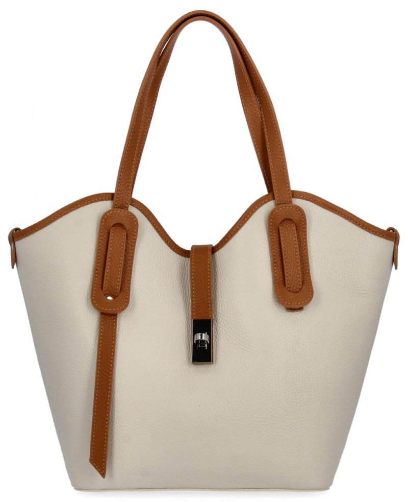 Elegancka Torebka Skórzana Shopper Bag Beżowa/Ruda