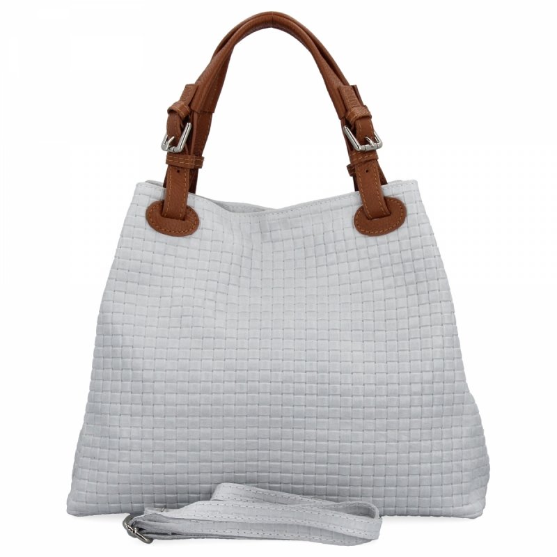 Stylowa Torebka Skórzana Shopper Bag Biała/Ruda