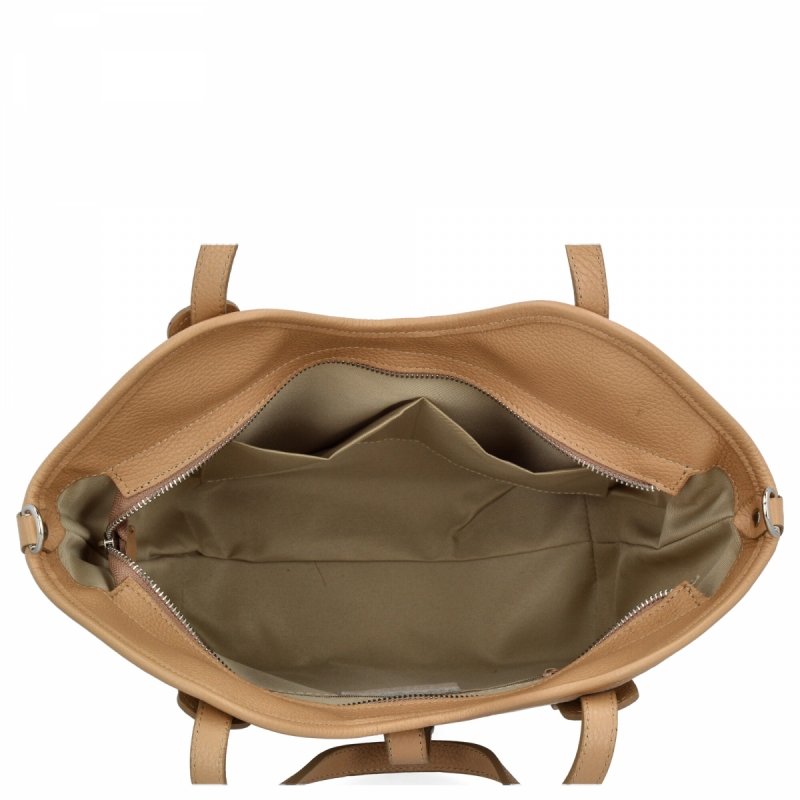 Elegancka Torebka Skórzana Shopper Bag Beżowa/Ciemno Beżowa