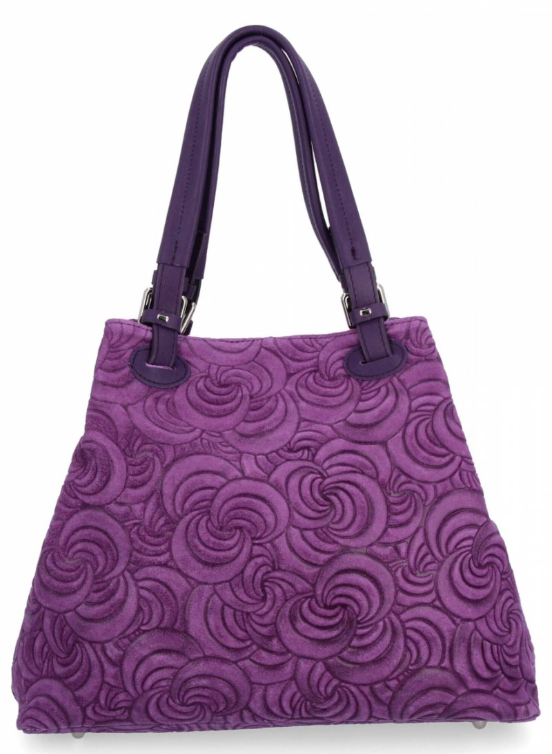 Modna Torebka Skórzana Shopper Bag Ciemno Fioletowa