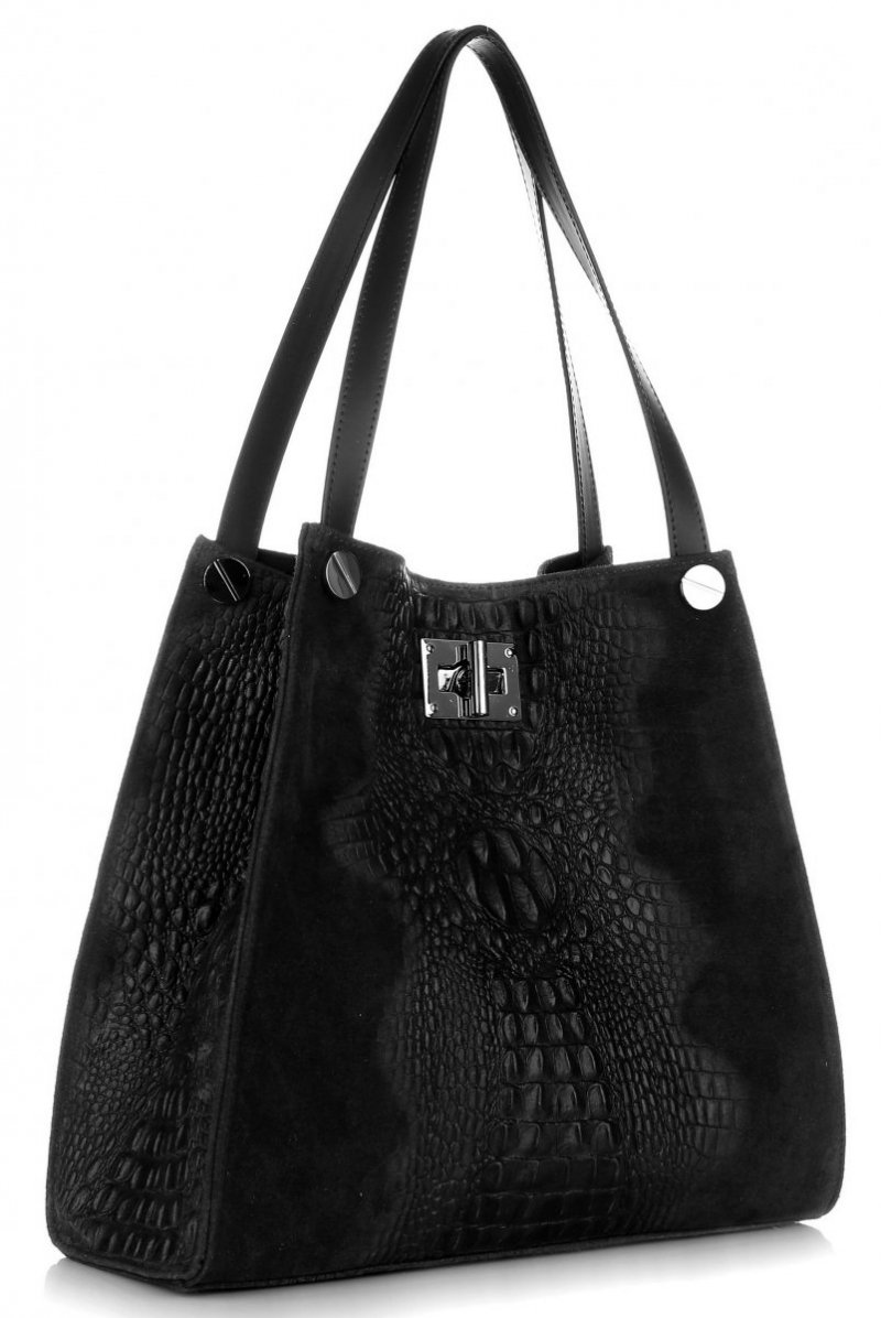 Torebka Skórzana Shopper Bag w motyw Zwierzęcy Czarna