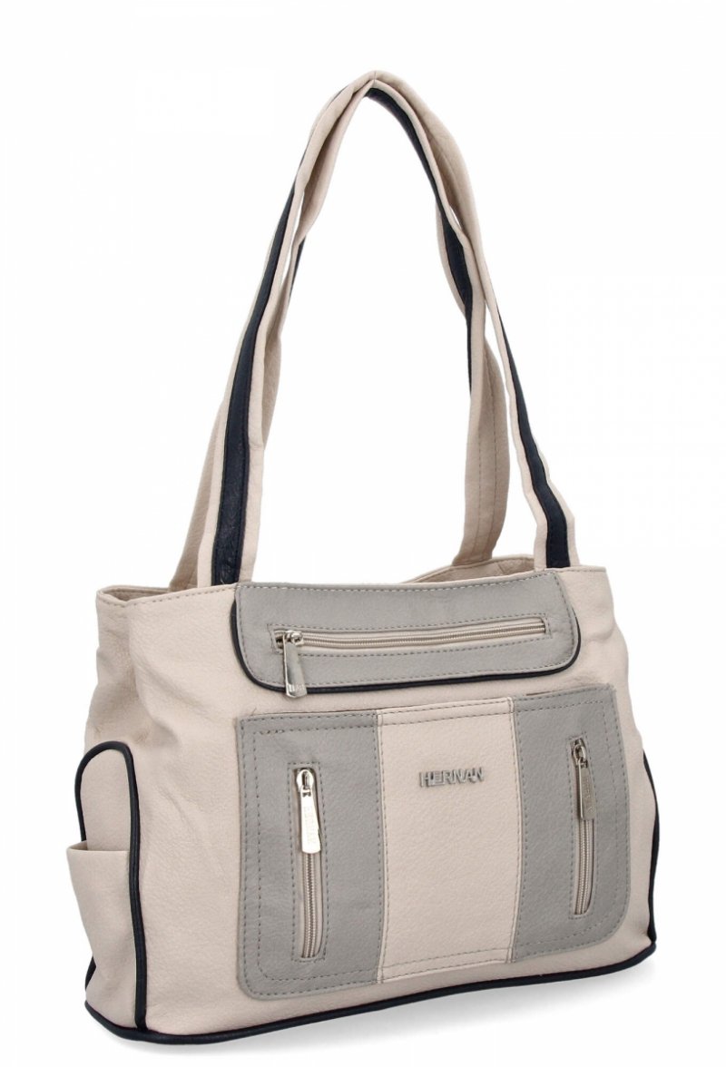 Dwukomorowa Torebka Damska Shopper Bag firmy Hernan Beżowa/Jasno Szara