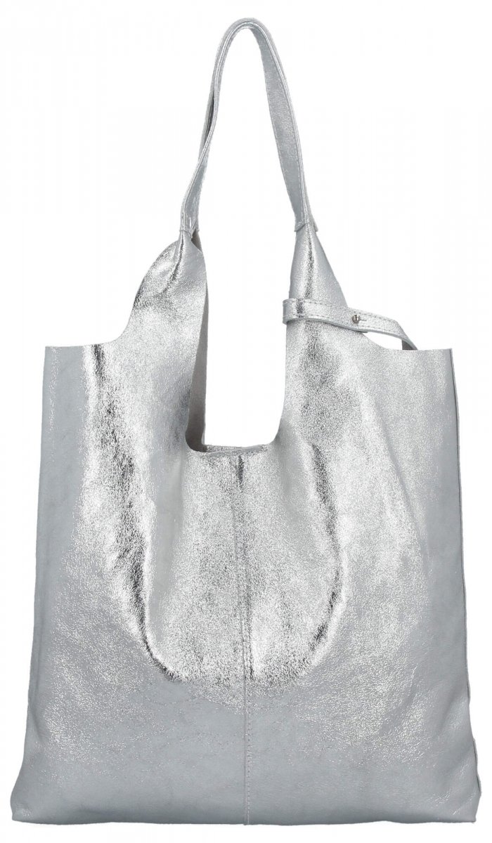 Torebka Skórzana Shopper Bag z Kosmetyczką Srebrna