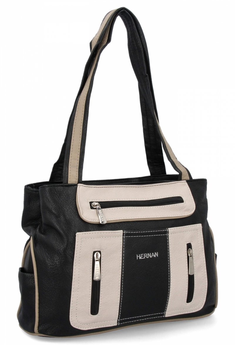 Dwukomorowa Torebka Damska Shopper Bag firmy Hernan Czarna/Beżowa