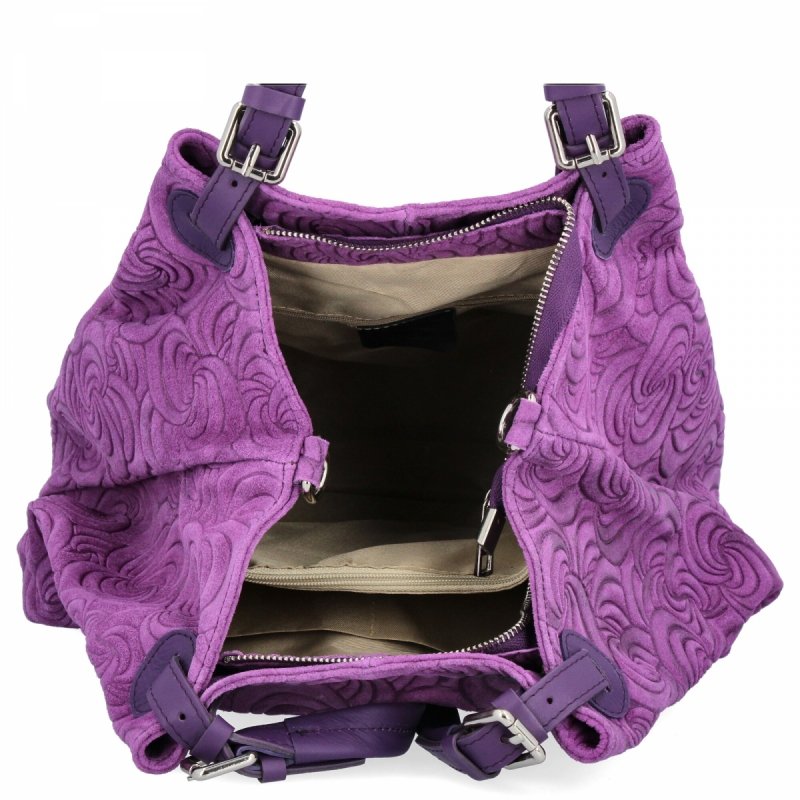 Modna Torebka Skórzana Shopper Bag Ciemno Fioletowa