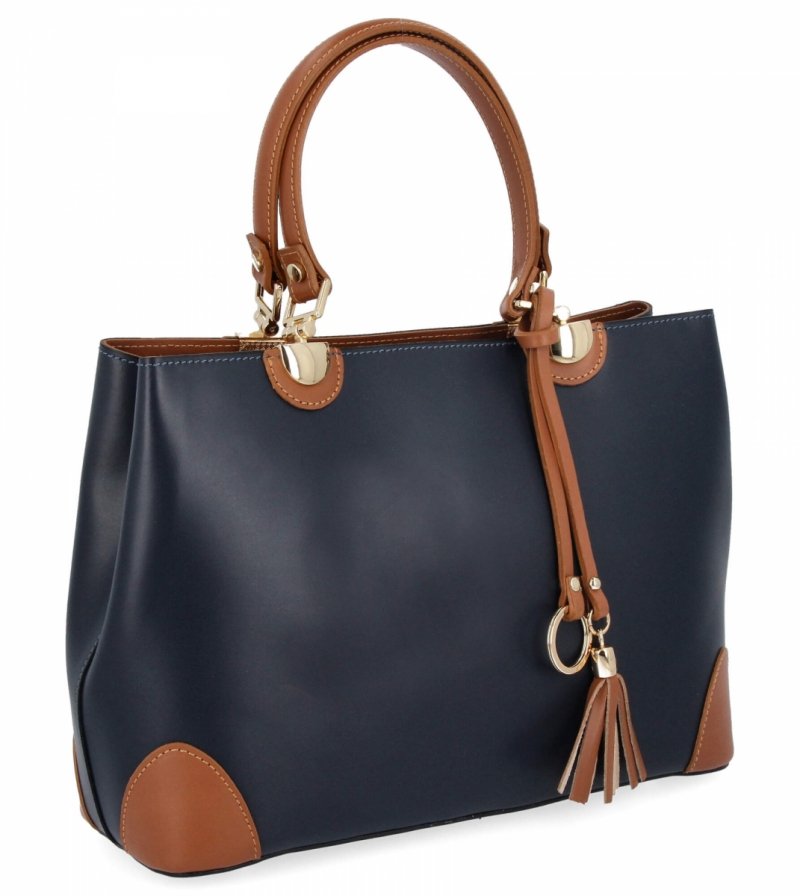 Włoska Torebka Skórzana Kuferek Granatowa/Ruda