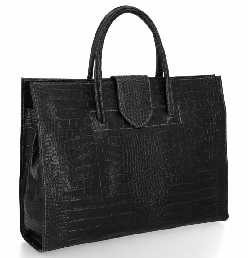 Torebka Skórzana Aktówka we Wzór Aligatora Czarna