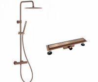 Zestaw prysznicowy KFA MOZA miedź szczotkowana + AQUALINE Odpływ liniowy podłogowy 2w1 pod płytkę - 80 cm LM04800 + 5736-920-34 