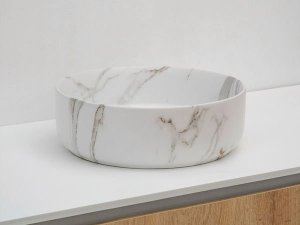 RIHO - Umywalka LIVIT MARMIC marmurowy wzór okrągła biała matowa W031002M00 